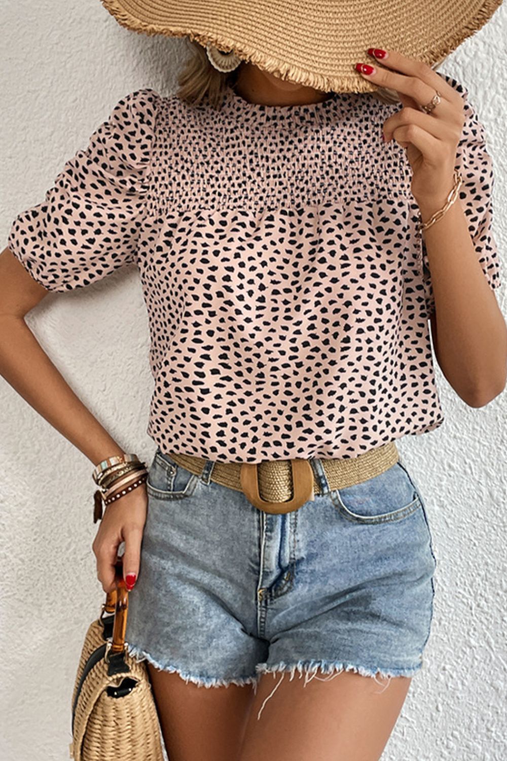 Printed Smocked Puff Sleeve Blouse - Flyclothing LLC