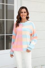 Round Neck Long Sleeve Color Block Dropped Shoulder Pullover Sweater - Flyclothing LLC