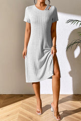 Ribbed Asymmetrical Neck Short Sleeve Dress - Flyclothing LLC