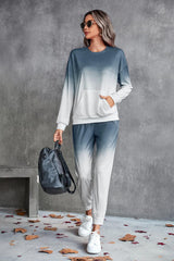 Gradient Round Neck Sweatshirt and Joggers Set - Flyclothing LLC