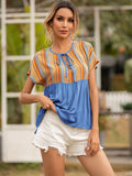 Striped Tie Neck Short Sleeve Blouse - Flyclothing LLC