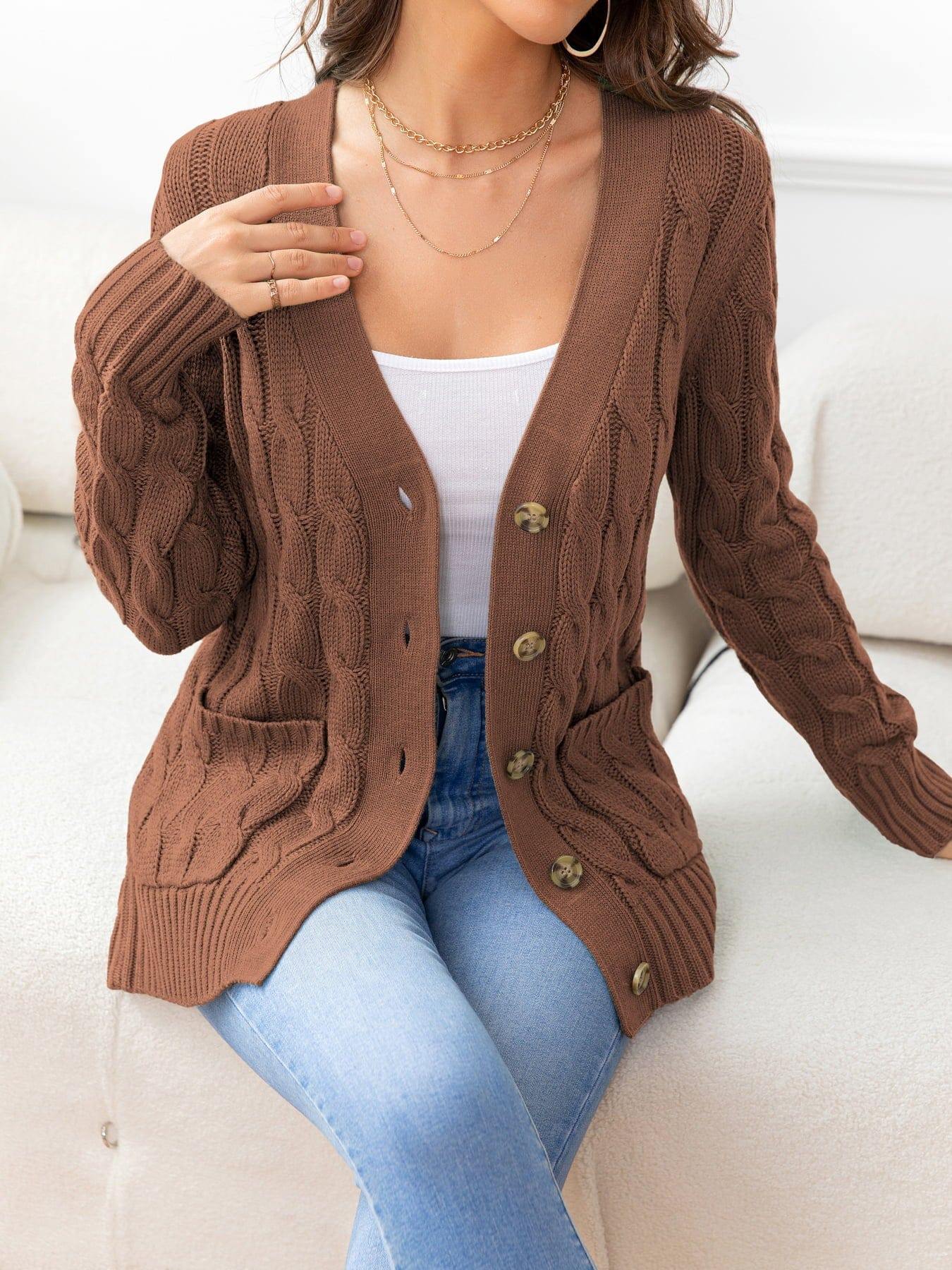 Button Down Cable-Knit Cardigan - Trendsi