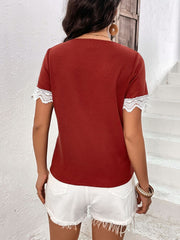 Lace Detail V-Neck Short Sleeve T-Shirt - Flyclothing LLC