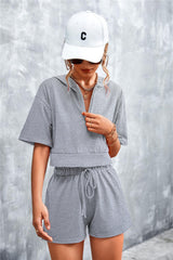 Half Zip Cropped Hooded T-Shirt and Shorts Set - Flyclothing LLC