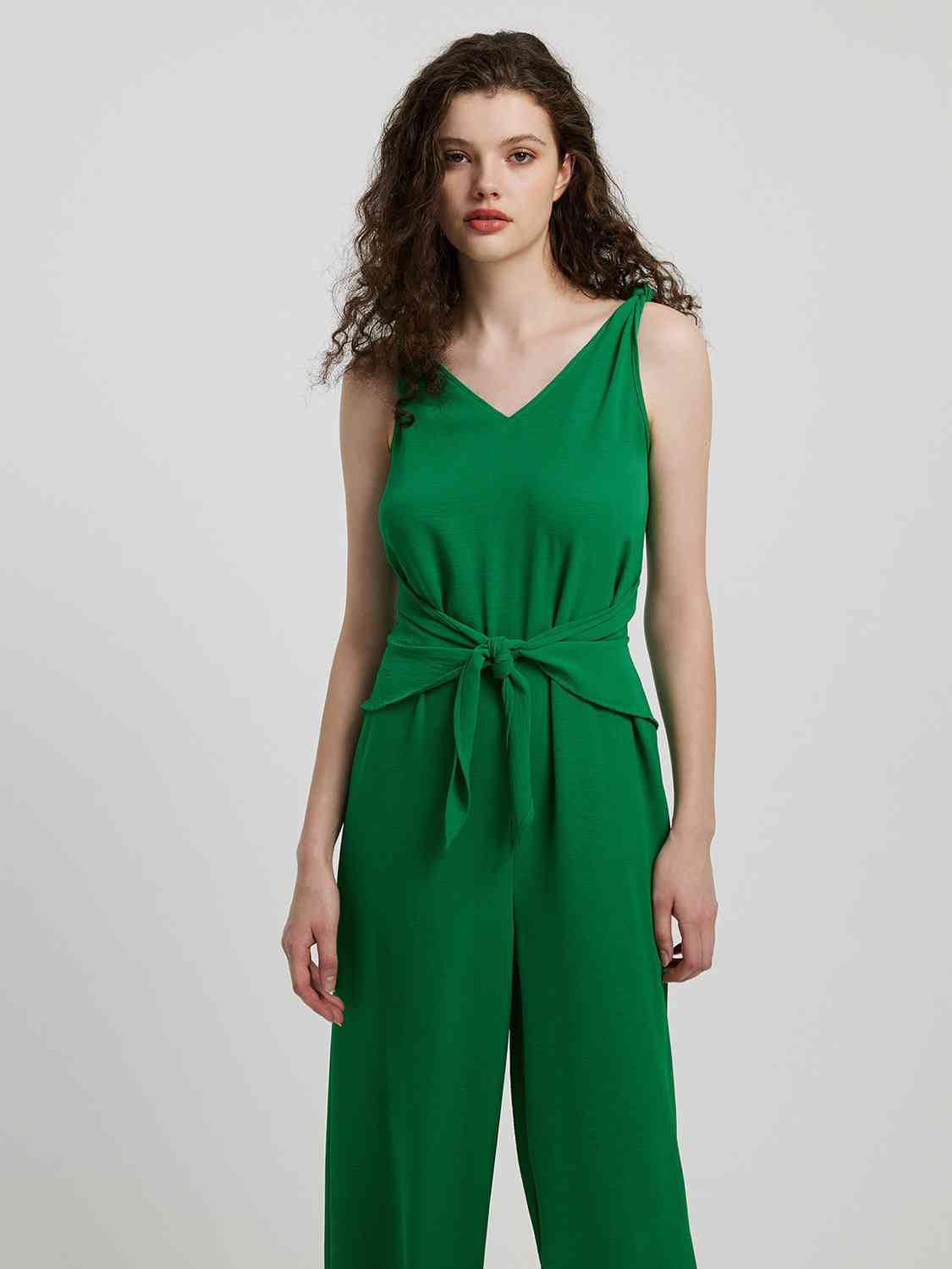 Knot Detail Tie Front Sleeveless Jumpsuit - Flyclothing LLC