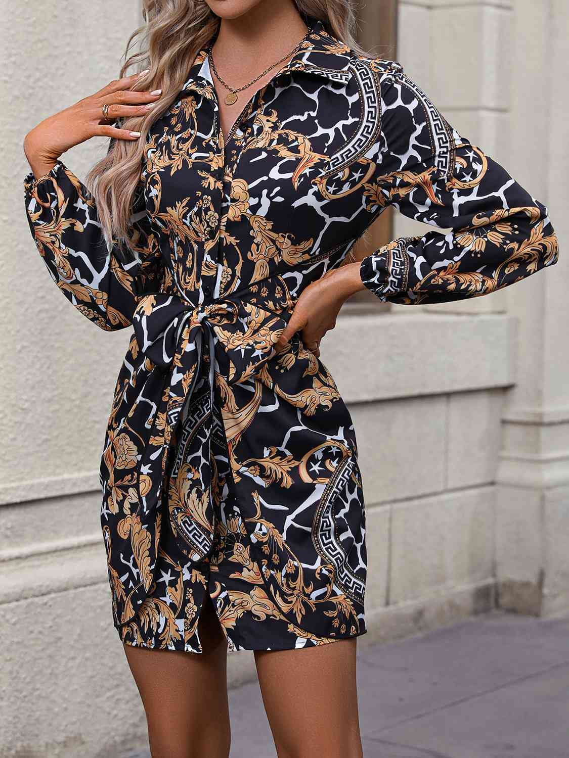 Tie Front Printed Collared Neck Shirt Dress - Flyclothing LLC