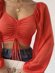 Drawstring Sweetheart Neck Cropped Top - Flyclothing LLC