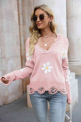 Flower Distressed Long Sleeve Sweater - Flyclothing LLC