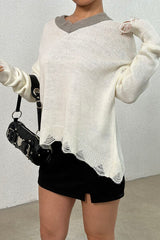 Distressed V-Neck Dropped Shoulder Sweater - Flyclothing LLC