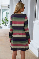 Striped Round Neck Long Sleeve Dress - Flyclothing LLC