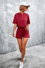 Half Zip Cropped Hooded T-Shirt and Shorts Set - Flyclothing LLC