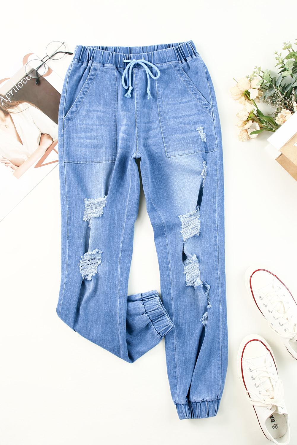 Distressed Denim Pocketed Joggers - Flyclothing LLC