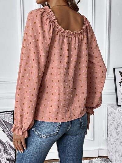 Swiss Dot Square Neck Flounce Sleeve Blouse - Flyclothing LLC