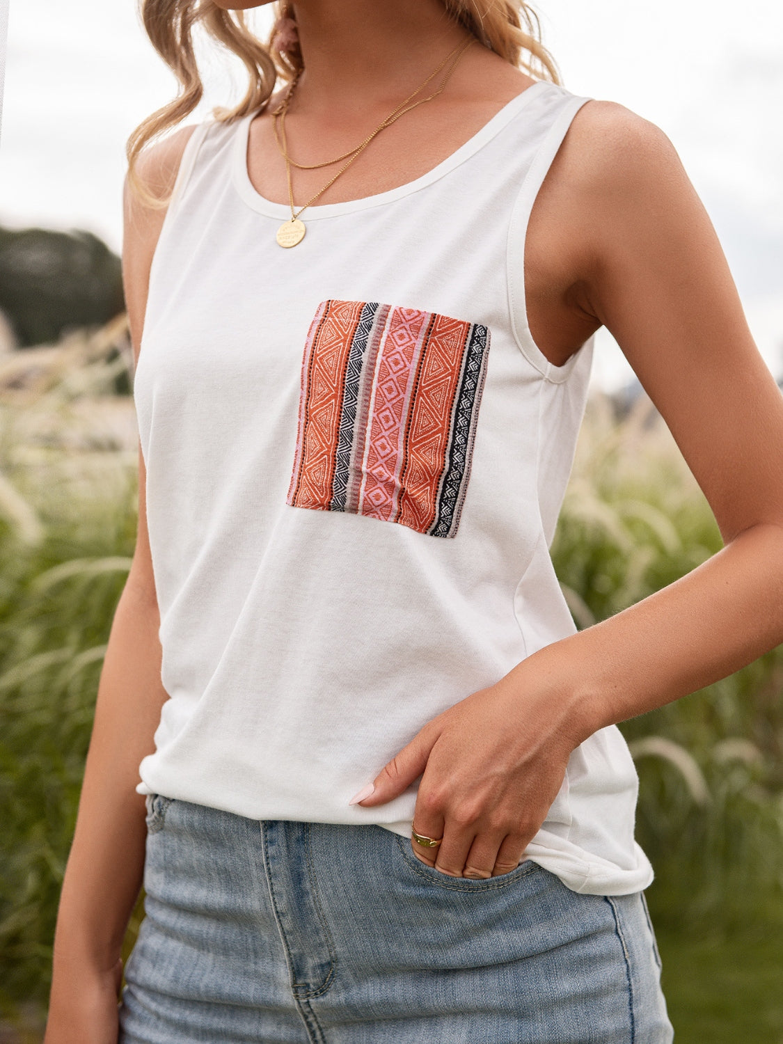 Pocketed Printed Round Neck Tank - Flyclothing LLC