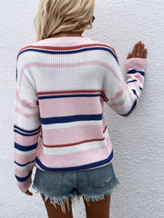 Striped Drop Shoulder Round Neck Pullover Sweater - Flyclothing LLC