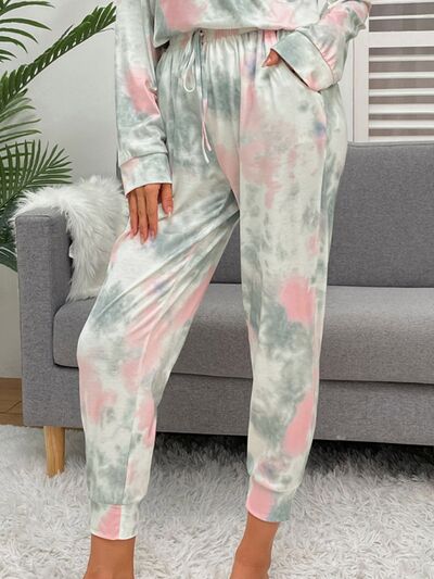 Tie-Dye Round Neck Top and Drawstring Pants Lounge Set - Flyclothing LLC