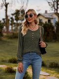 Round Neck Button-Down Long Sleeve Tee - Trendsi