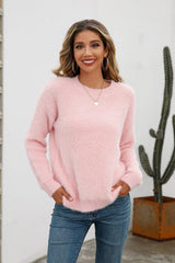 Dropped Shoulder Round Neck Fuzzy Sweater - Flyclothing LLC