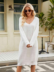 V-Neck Long Sleeve Sweater Dress - Flyclothing LLC