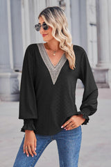 Contrast V-Neck Flounce Sleeve Top - Trendsi