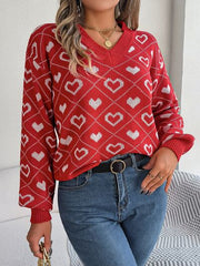 Heart Pattern V-Neck Long Sleeve Sweater - Flyclothing LLC