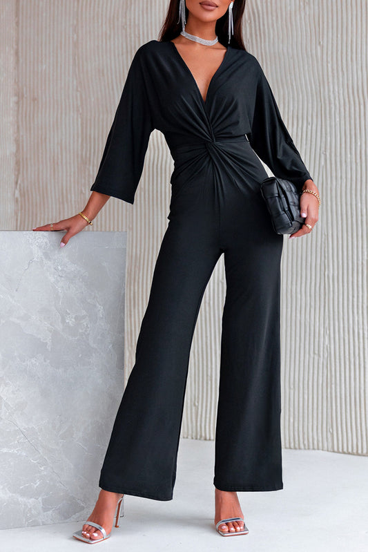 Twisted Plunge Three-Quarter Sleeve Jumpsuit - Flyclothing LLC