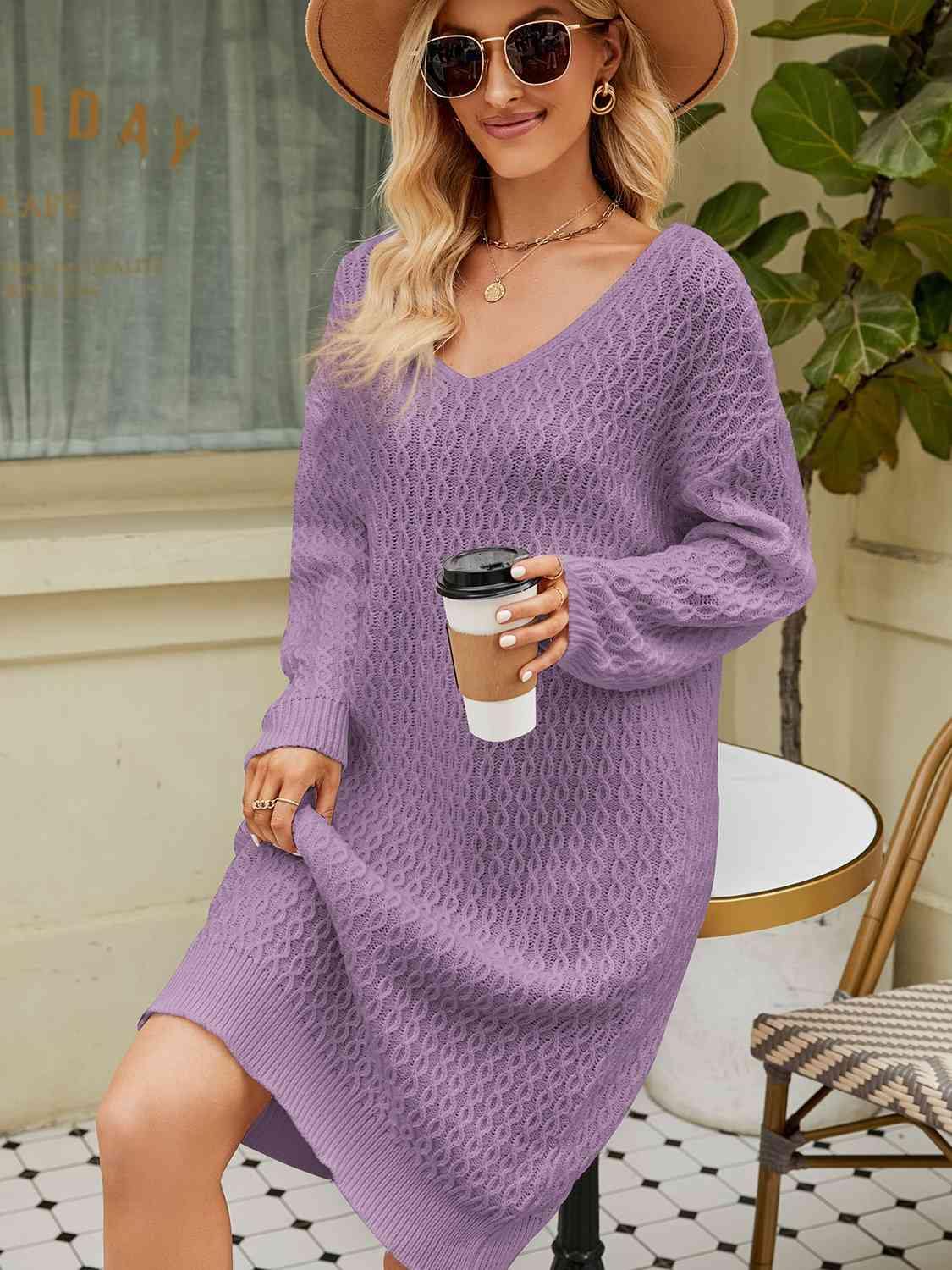 V-Neck Long Sleeve Sweater Dress - Flyclothing LLC