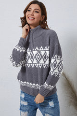 Zip-Up Geometrical Pattern Pullover Sweater - Flyclothing LLC