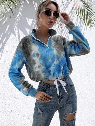 Tie-Dye Quarter Zip Dropped Shoulder Sweatshirt - Flyclothing LLC