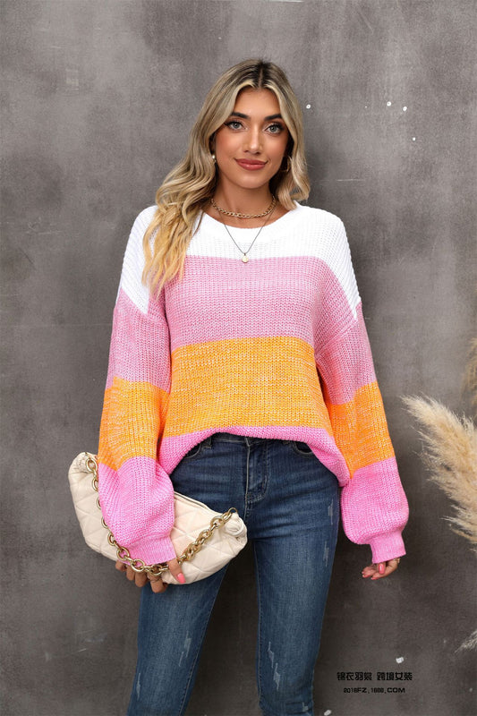 Color Block Round Neck Dropped Shoulder Sweater - Flyclothing LLC