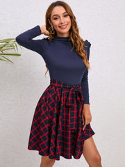 Plaid Tie Waist Ruffle Shoulder Dress - Flyclothing LLC