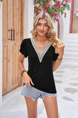 Contrast V-Neck Petal Sleeve Top - Flyclothing LLC