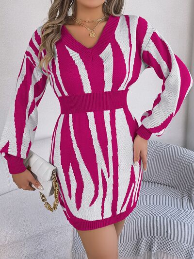 Animal Print V-Neck Long Sleeve Sweater Dress - Flyclothing LLC