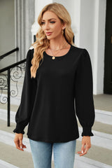 Round Neck Smocked Flounce Sleeve Blouse - Flyclothing LLC