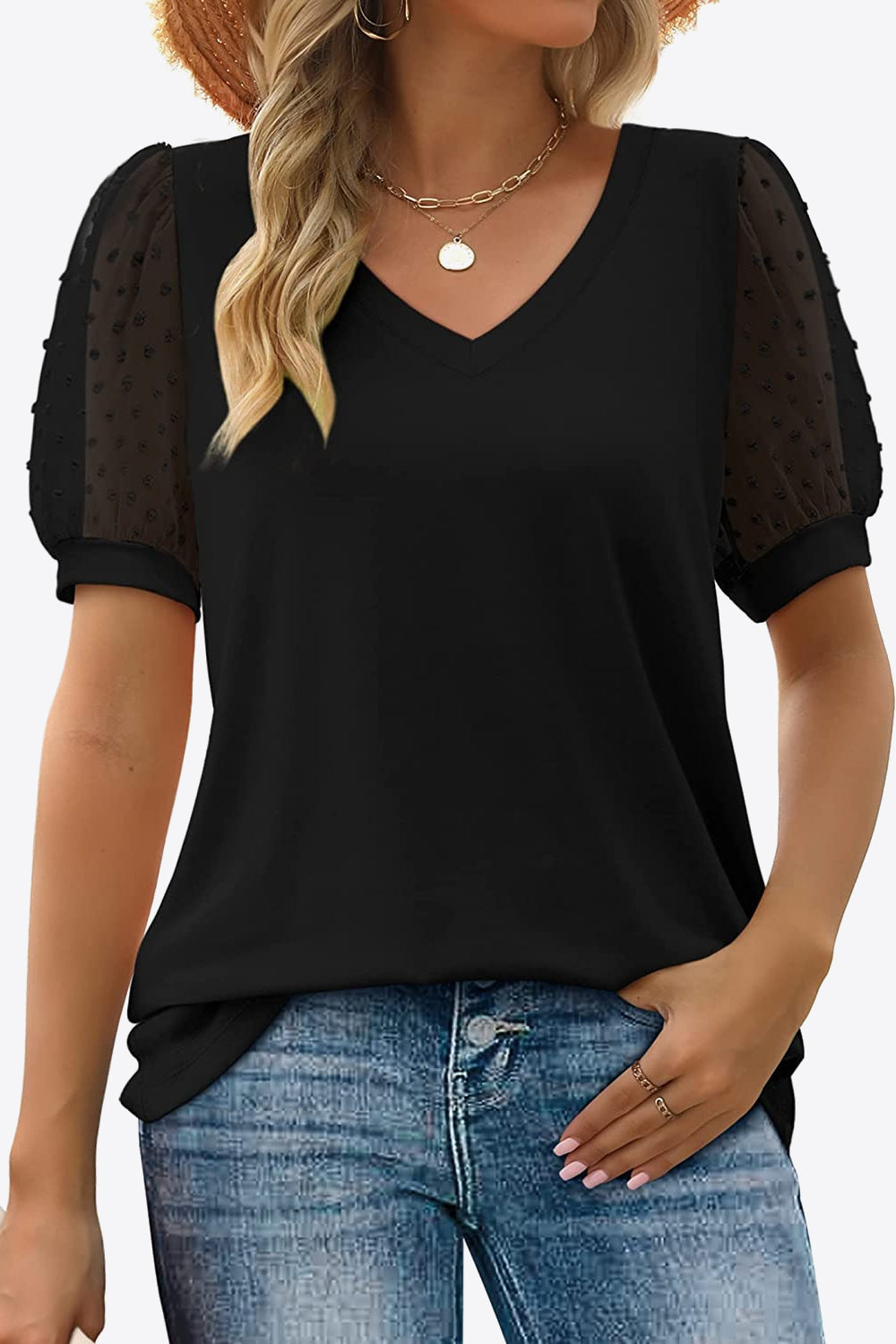 Swiss Dot Puff Sleeve V-Neck Tee - Flyclothing LLC