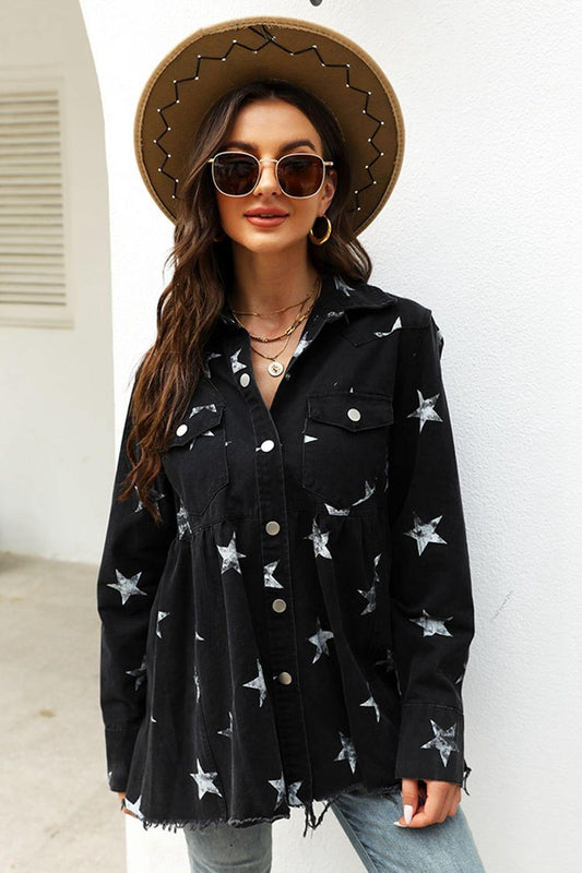 Collared Neck Star Print Long Sleeve Denim Jacket - Trendsi