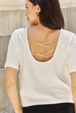 And The Why Pearly White Full Size Criss Cross Pearl Detail Open Back T-Shirt - Flyclothing LLC