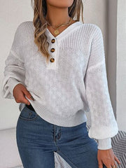 Half Button V-Neck Long Sleeve Sweater - Flyclothing LLC