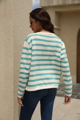 Striped Round Neck Button-Down Dropped Shoulder Cardigan - Flyclothing LLC