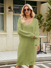 V-Neck Long Sleeve Sweater Dress - Flyclothing LLC