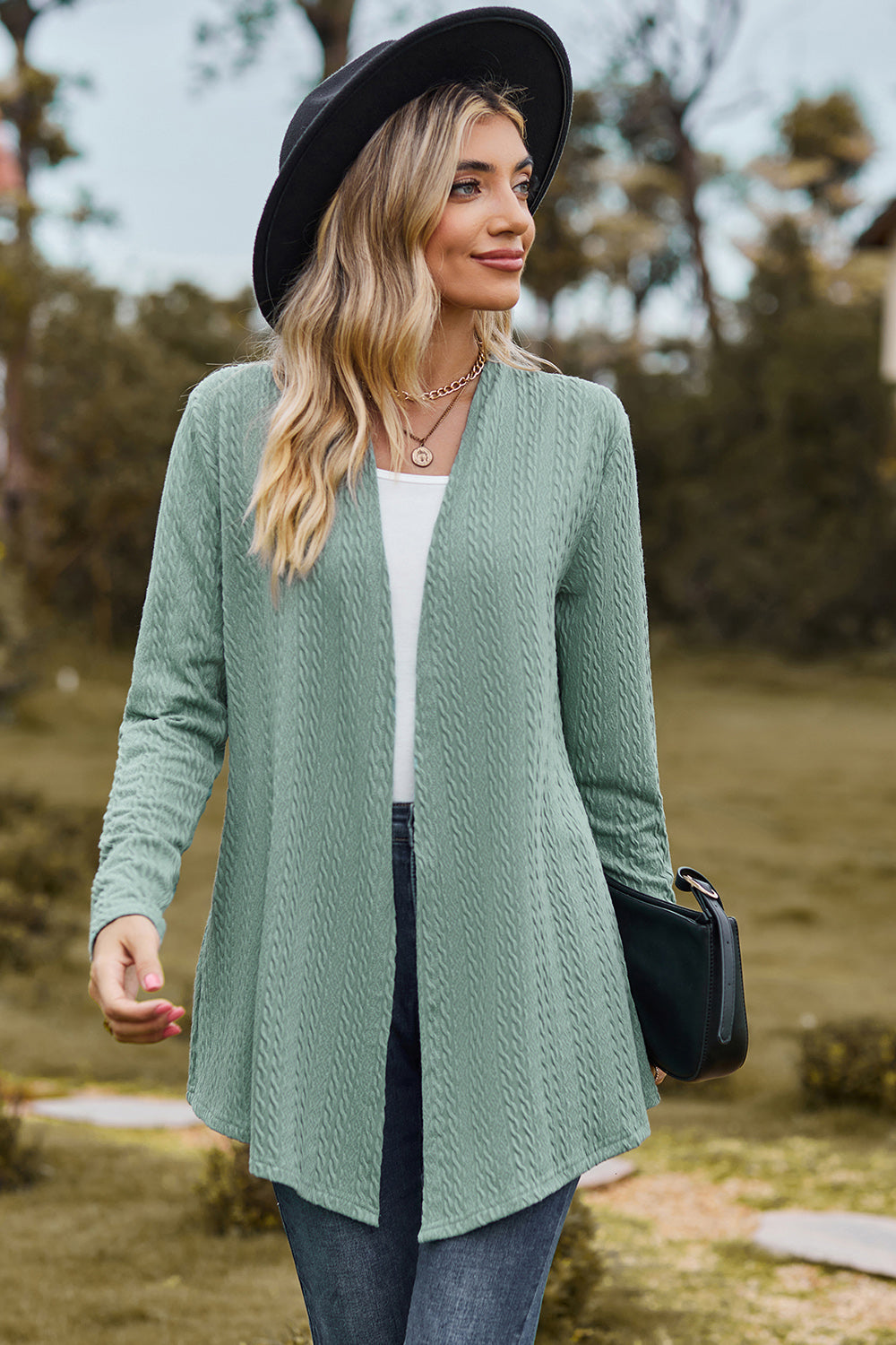 Textured Open Front Long Sleeve Cardigan - Flyclothing LLC