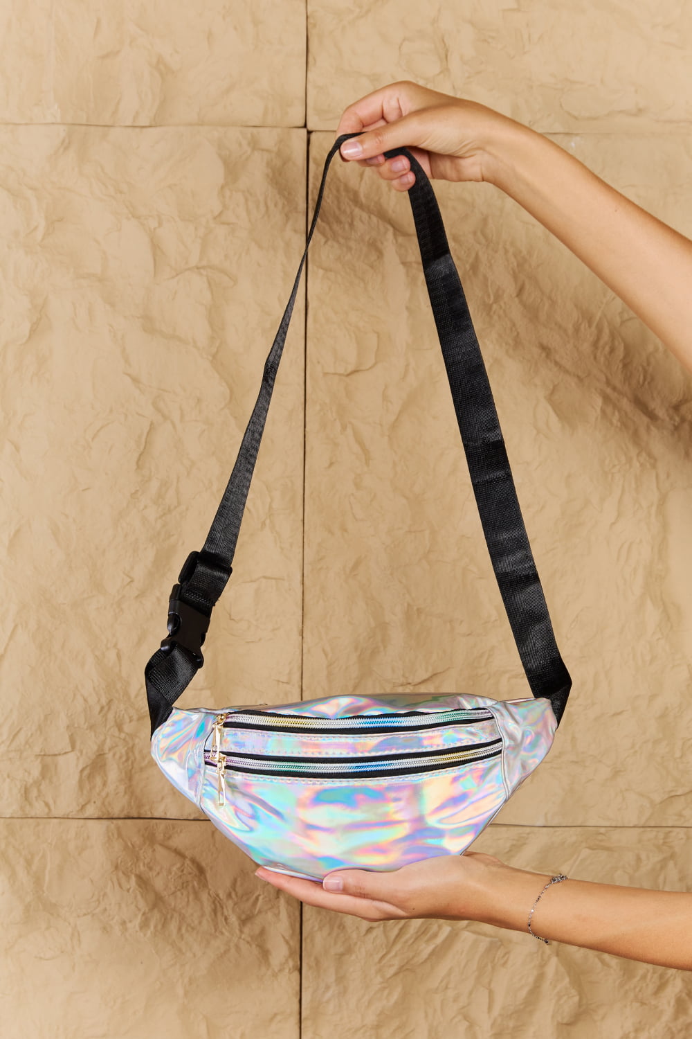 Fame Good Vibrations Holographic Double Zipper Fanny Pack in Silver - Flyclothing LLC