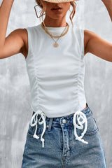 Drawstring Detail Round Neck Tank - Flyclothing LLC