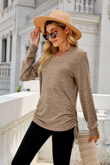 Heathered Drawstring V-Neck Top - Trendsi