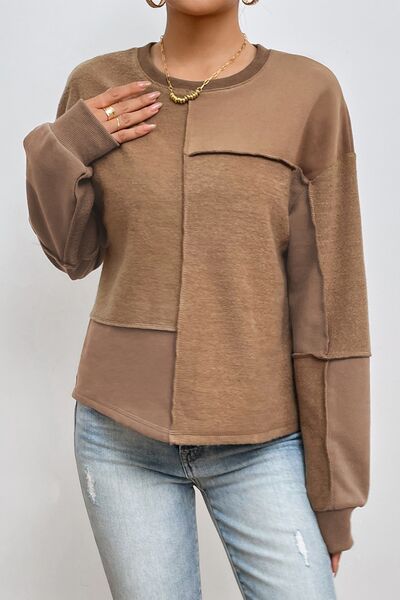 Exposed Seam Round Neck Long Sleeve Sweatshirt - Flyclothing LLC