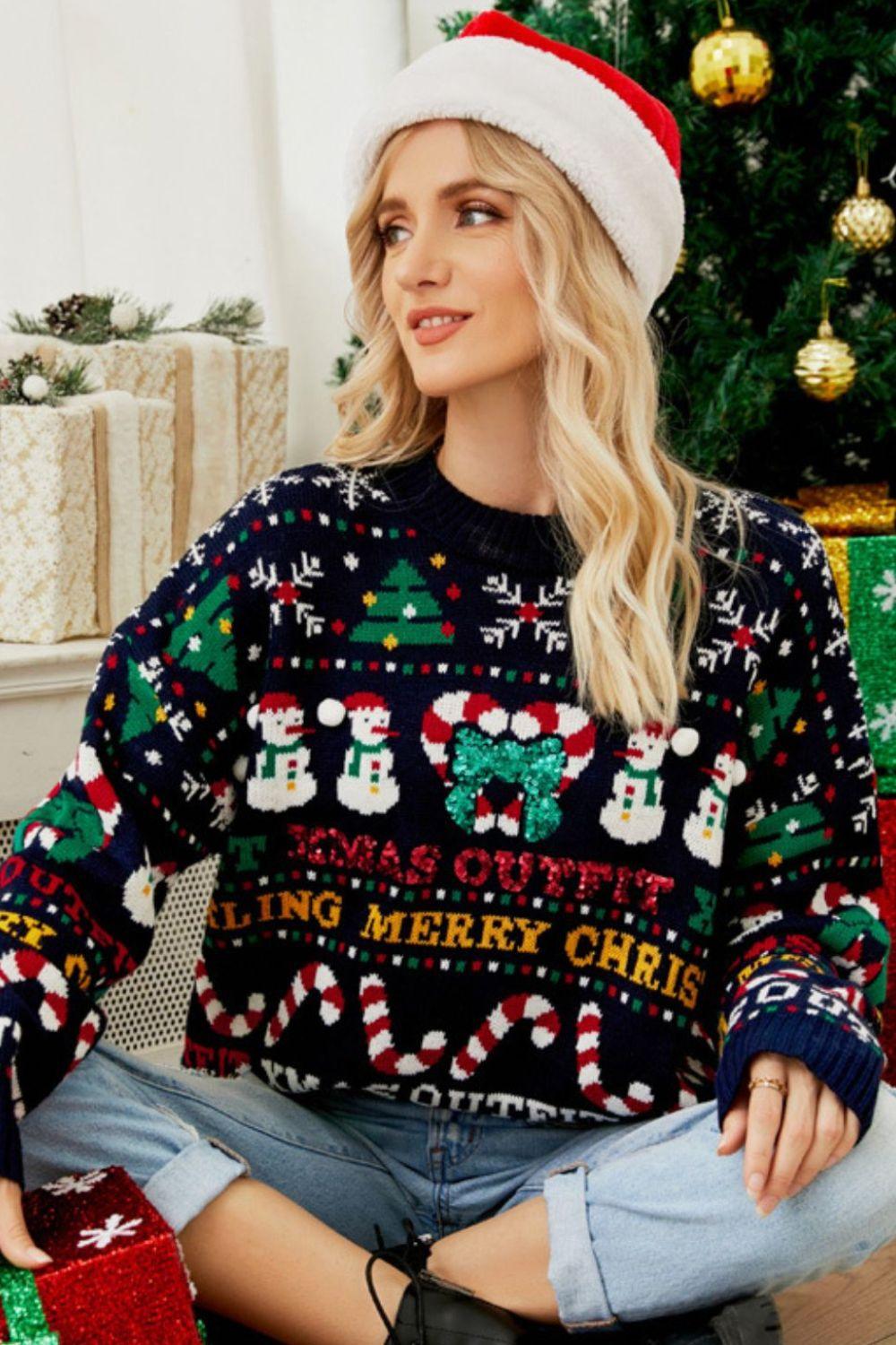 Christmas Print Crewneck Dropped Shoulder Sweater - Flyclothing LLC