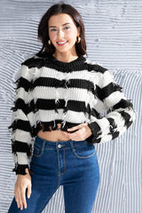 Striped Fringe Round Neck Sweater - Flyclothing LLC