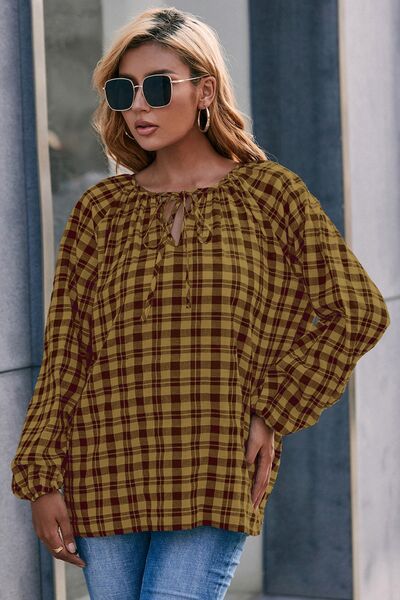 Plaid Tie Neck Balloon Sleeve Blouse - Flyclothing LLC