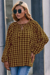 Plaid Tie Neck Balloon Sleeve Blouse - Flyclothing LLC