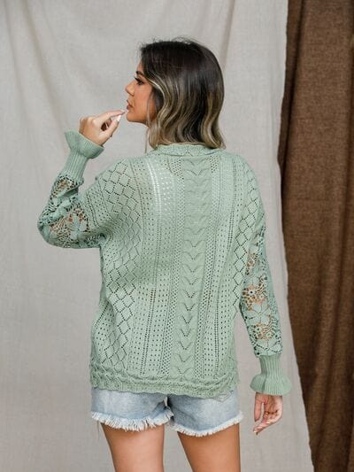 Eyelet Crochet Lantern Sleeve Sweater - Trendsi